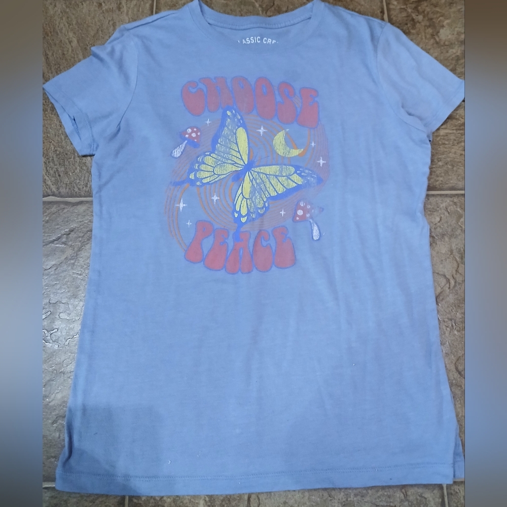 Aeropostale Light Blue 'Choose Peace' Butterfly Graphic Tee Butterfly Soft